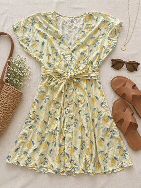 Marine Layer Lemon Print Mini Dress Tie Waist Button Front Small Vacation